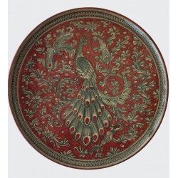 Piatto in ceramica con pavone rosso rubino Diam. cm 34- Artigianato Artistico Fatto a Mano