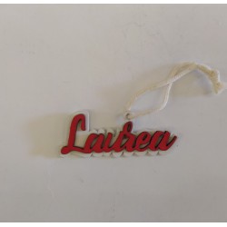 Applicazione legno LAUREA su base bianca con cordino.MIS.5,5X1,5CM circa