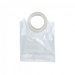 Busta in PVC trasparente con manico in similpelle bianco.MIS.24,5 X 12,5 H.27 CM