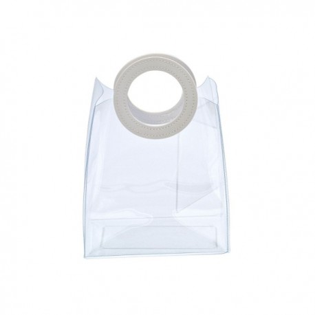 Borsa PVC trasparente con manico in similpelle bianco.MIS.18X9,5 H.19,5CM