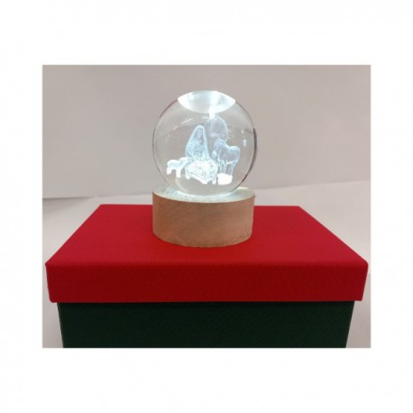 Sfera vetro Sacra Famiglia su base legno e luce led,scatola compresa.DIAM.5,5CM H8CM